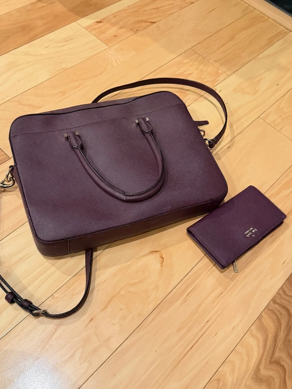 NWOT Kate Spade New York Plum Saffiano Leather Briefcase Tote & Matching Wallet
